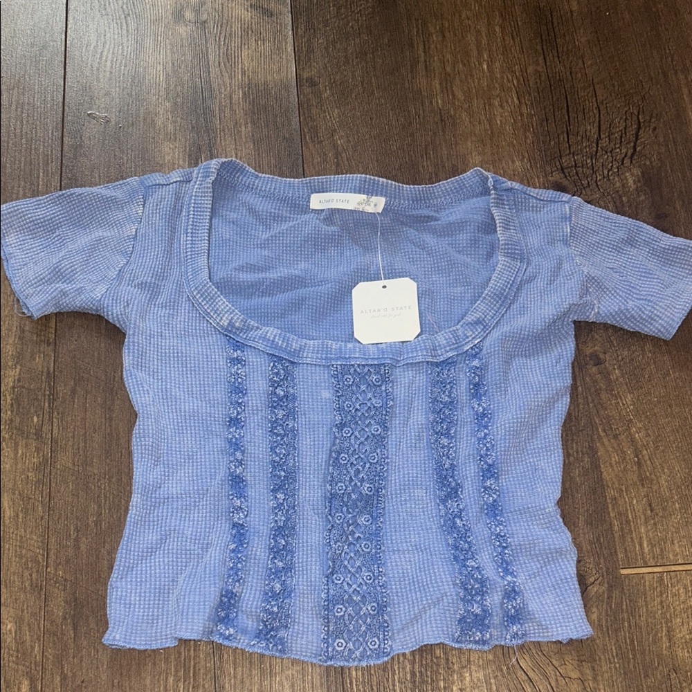 Altard State Light Blue Scoop Neck Embroidered Cotton Top